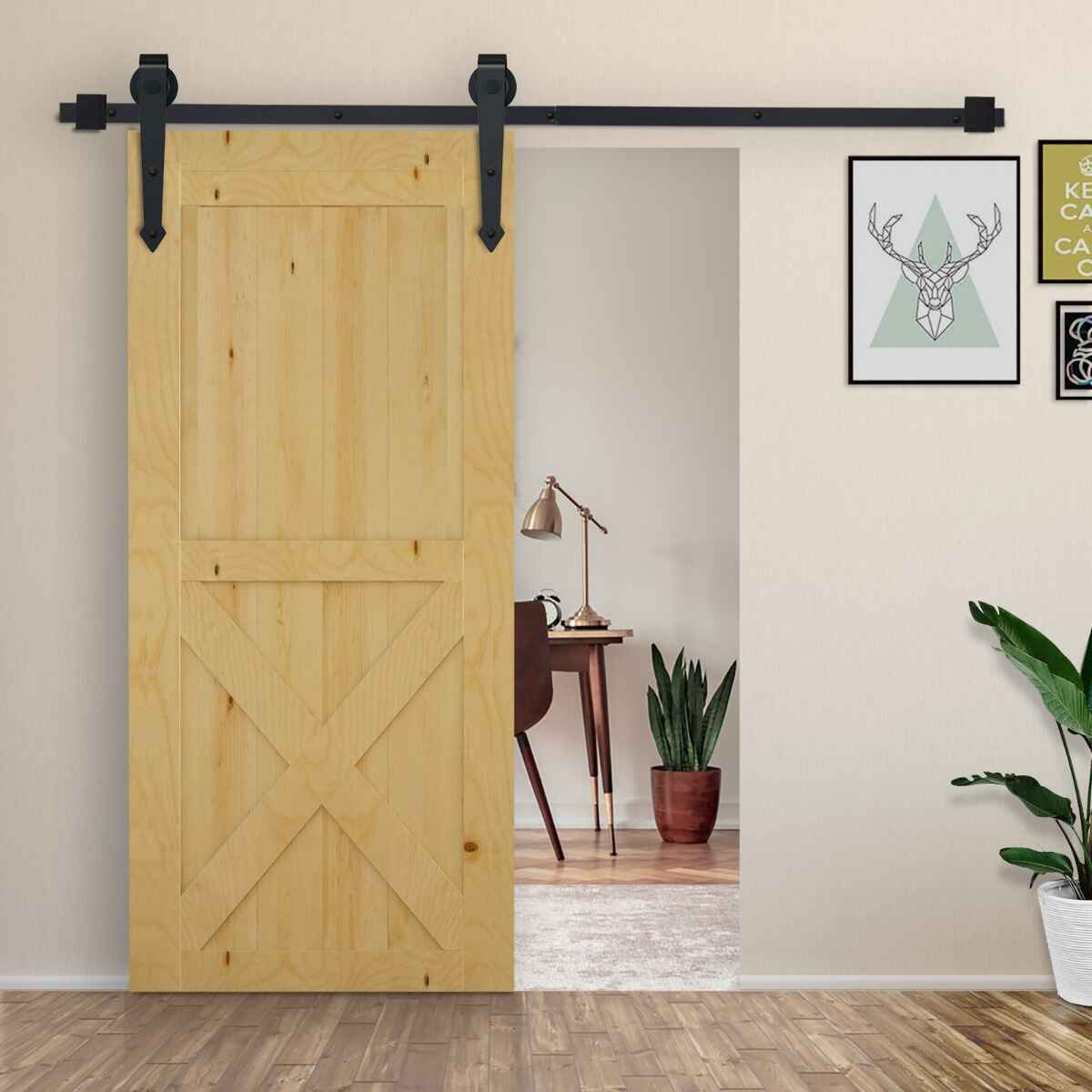 200cm/6.6FT Herraje para Puerta Corredera Tipo Flecha Kit de Accesorios para Puerta Corrediza Granero de Madera con Guía de Suelo Riel Acero al Carbono Negro