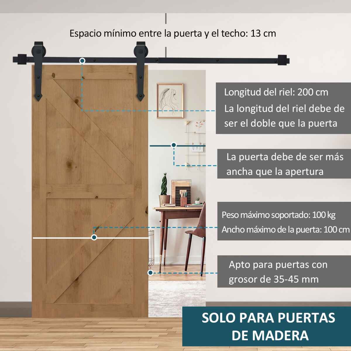 200cm/6.6FT Herraje para Puerta Corredera Tipo Flecha Kit de Accesorios para Puerta Corrediza Granero de Madera con Guía de Suelo Riel Acero al Carbono Negro