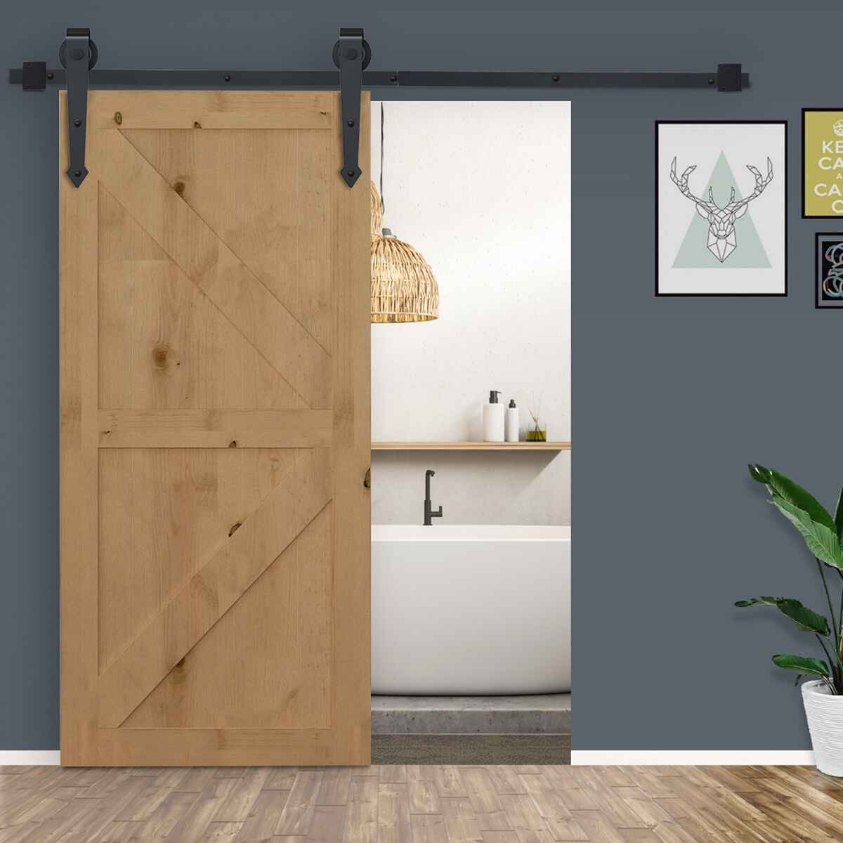 200cm/6.6FT Herraje para Puerta Corredera Tipo Flecha Kit de Accesorios para Puerta Corrediza Granero de Madera con Guía de Suelo Riel Acero al Carbono Negro