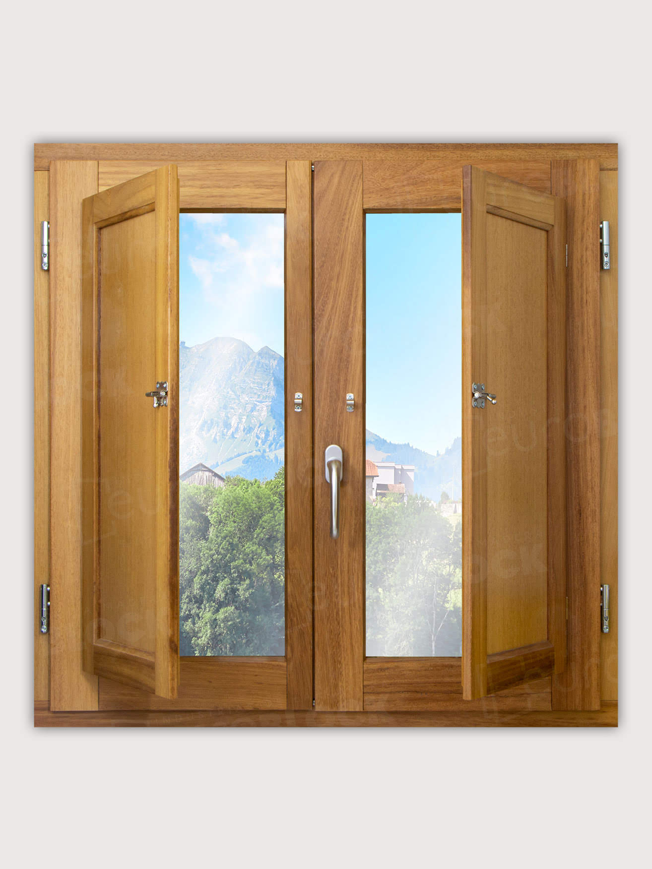 Ventana Europea de Madera Maciza de Iroko Huelva V2 Barniz (Cristal Transparente Incluido)