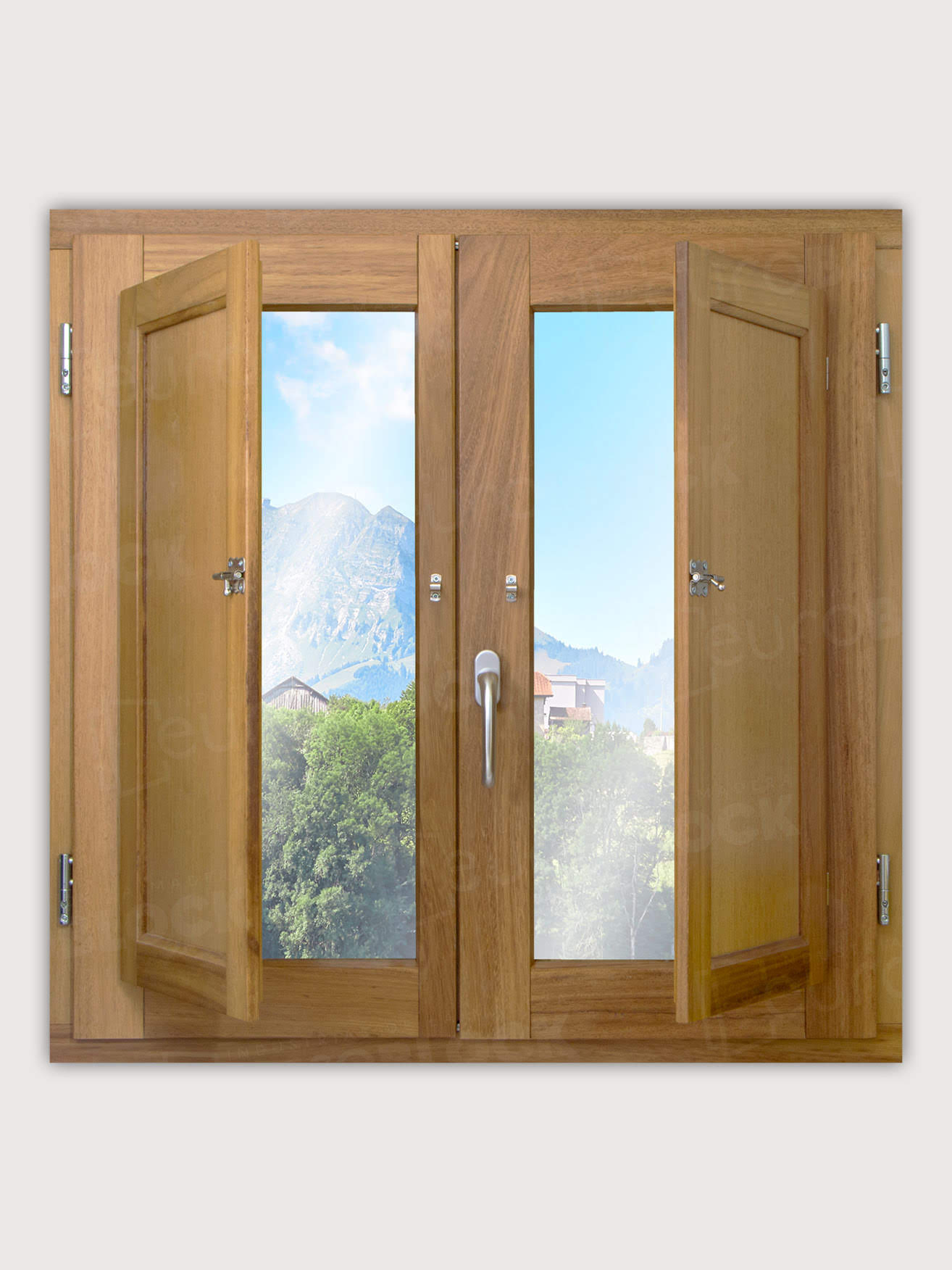 Ventana Europea de Madera Maciza de Iroko Huelva V2 Crudo (Cristal Transparente Incluido)