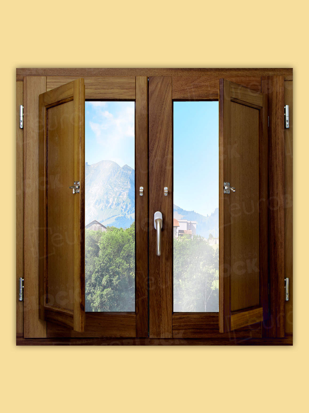 Ventana Europea de Madera Maciza de Iroko Huelva V2 Teñida (Cristal Transparente Incluido)
