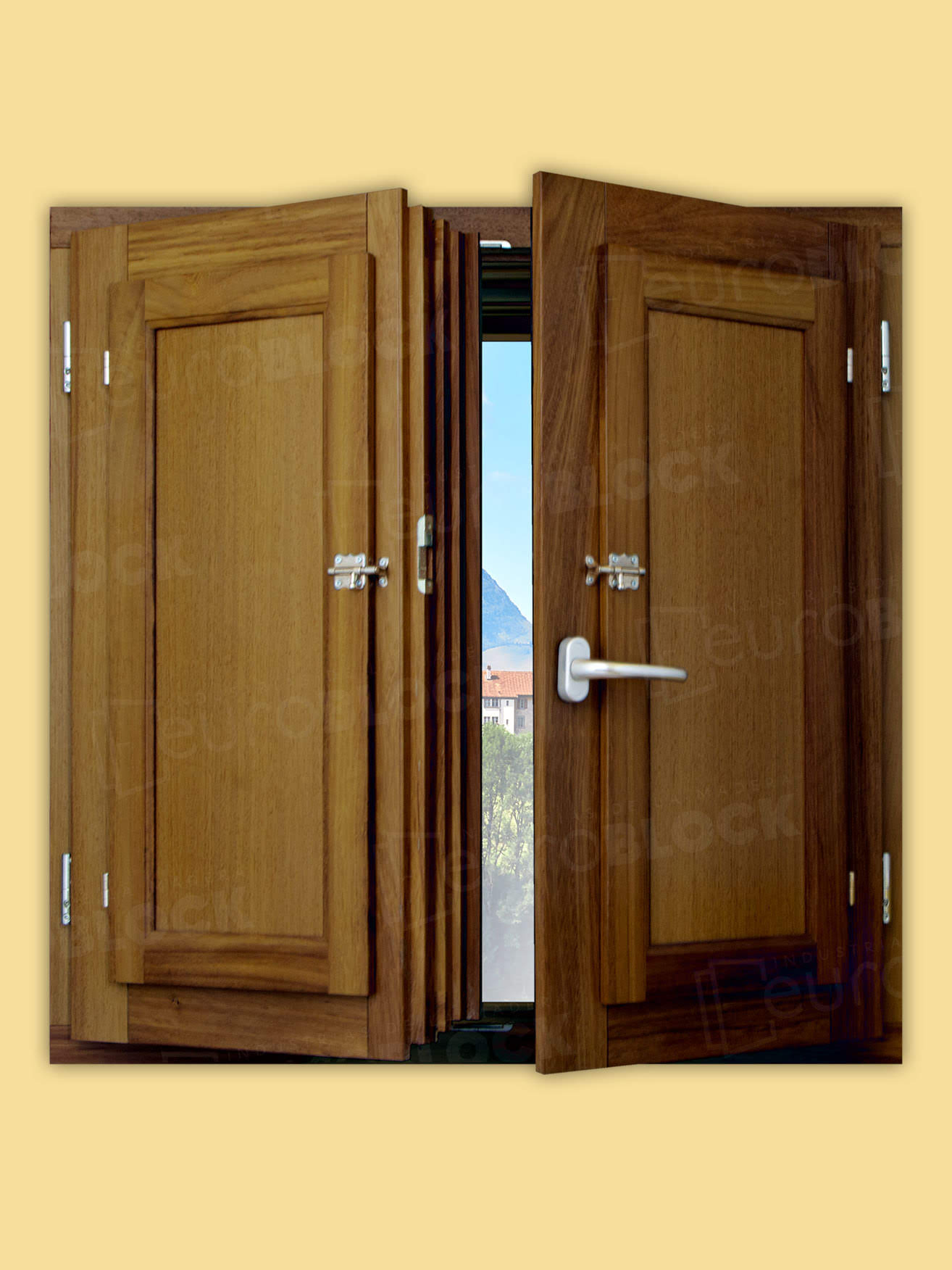 Ventana Europea de Madera Maciza de Iroko Huelva V2 Teñida (Cristal Transparente Incluido)