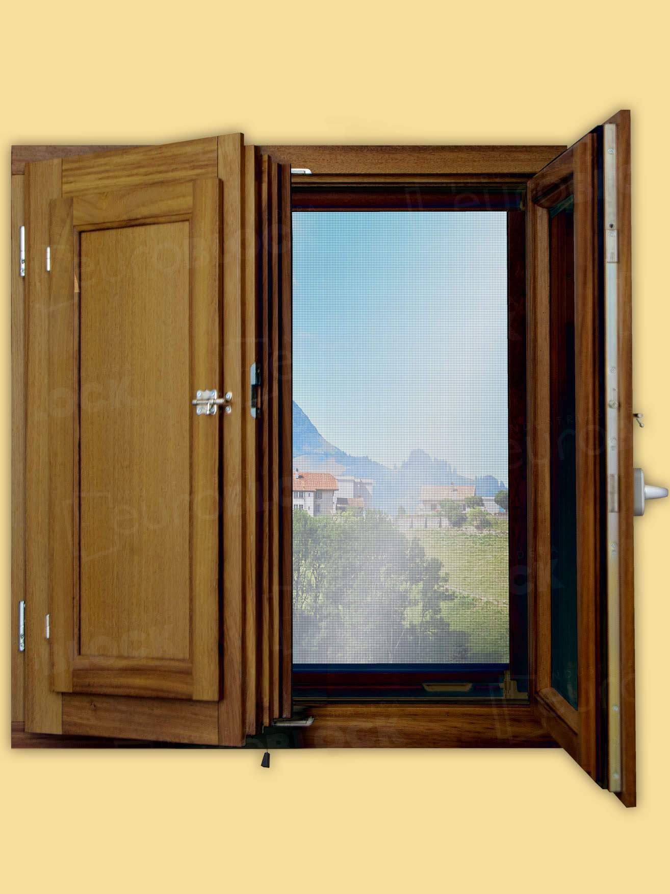 Ventana Europea de Madera Maciza de Iroko Huelva V2 Teñida (Cristal Transparente Incluido)