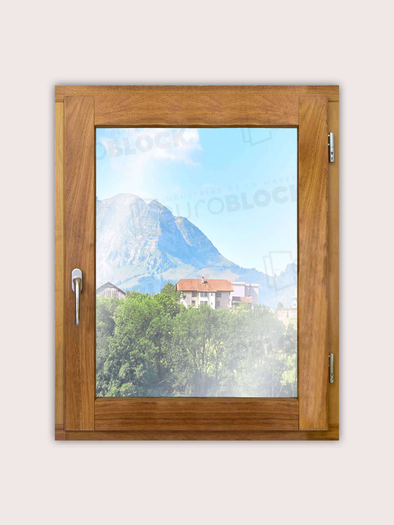 Ventana Europea de Madera Maciza de Iroko V1 Barniz (Cristal Transparente Incluido)